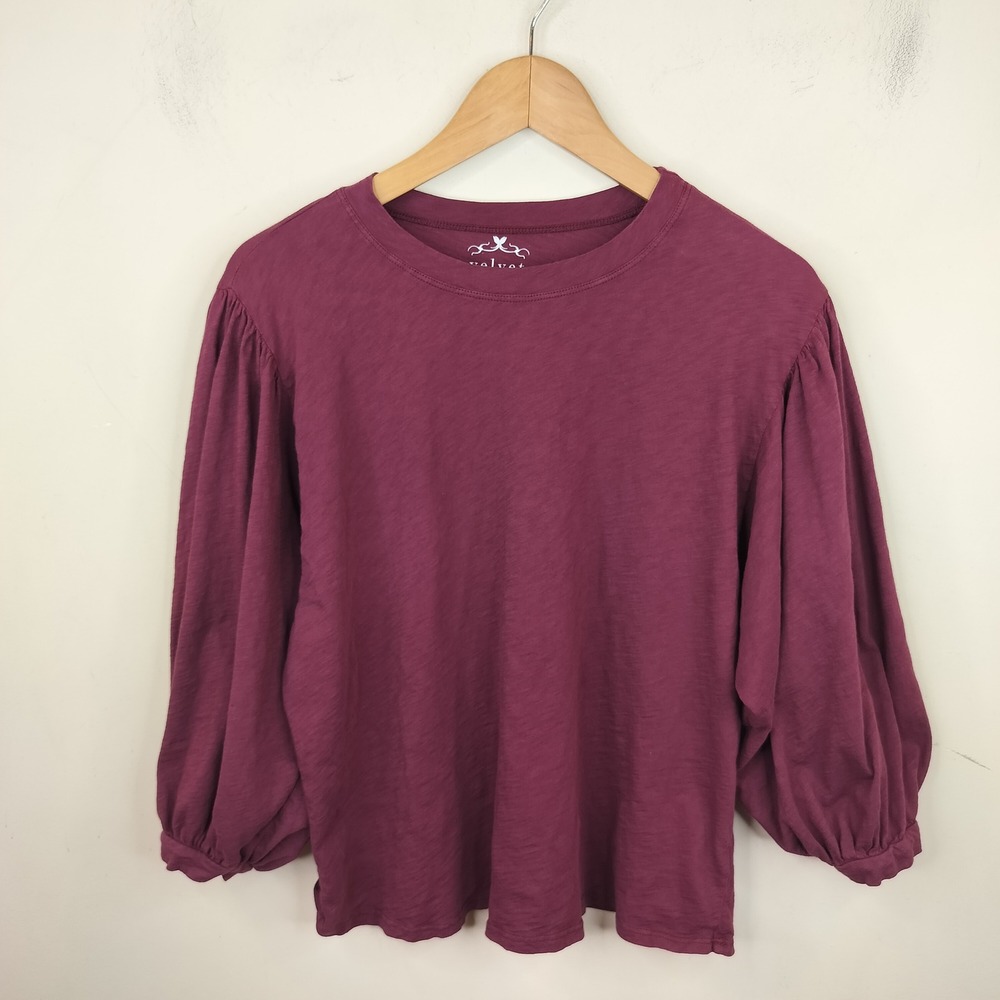 Velvet by Graham & Spencer Puff Sleeve Top Medium Slub Cotton Plum Purple